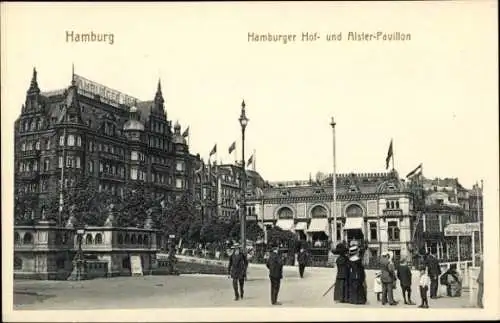 Ak Hamburg, Hof u. Alter Pavillon, Passanten, Geschäfte, Wohnhäuser