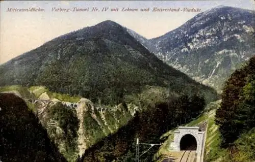 Ak Mittenwaldbahn, Vorbergtunnel Nr IV mit Lehnen und Kaiserstandviadukt, Purger 12619
