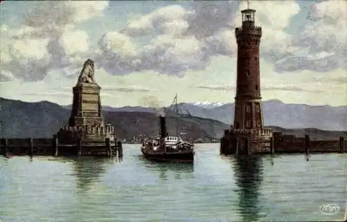 Künstler Ak Lindau im Bodensee Schwaben, Hafeneinfahrt, Leuchtturm, Löwe, Wiro