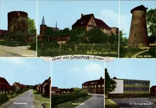 Ak Sonsbeck am Niederrhein, Römerturm, katholische Kirche, alte Mühle, Altersheim, Taubenweg