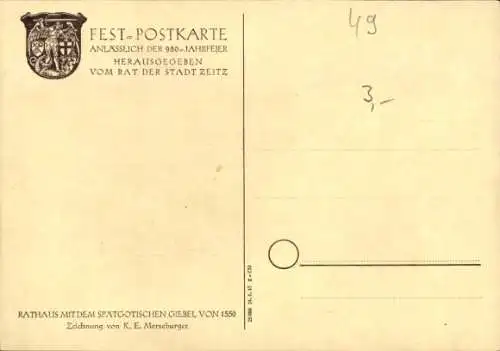 Künstler Ak Zeitz im Burgenlandkreis, Rathaus mit dem spätgotischen Giebel von 1550, 980-Jahrfeier