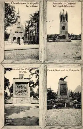 Ak Lützen im Burgenlandkreis, Schwedenstein, Kapelle, Scharnhorst-Denkmal, Wedelt-Denkmal