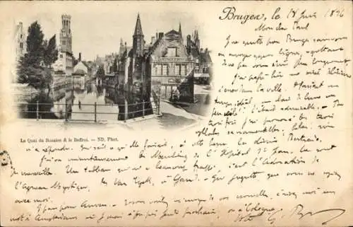 Ak Bruges Brügge Flandern Westflandern, Le Quai du Rosaire, le Beffroi