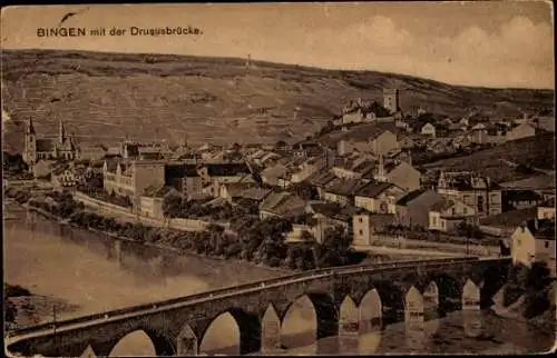 Ak Bingen am Rhein, Gesamtansicht, Brücke