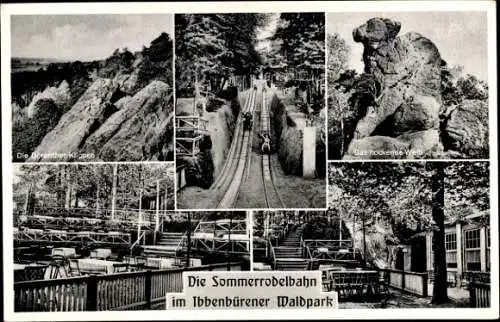 Ak Ibbenbüren in Westfalen, Sommerrodelbahn, Felsformation Das Hockende Weib, Dörenther Klippen