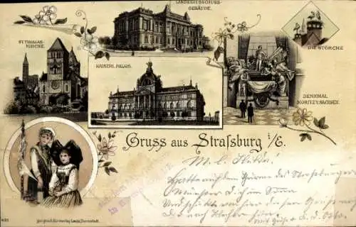 Litho Strasbourg Straßburg Elsass Bas Rhin, St. Thomas Kirche, Palais, Denkmal Moritz von Sachsen