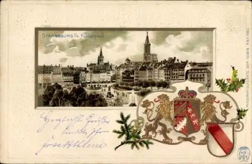 Präge Wappen Passepartout Litho Strassburg Elsass Bas Rhin, Kleberplatz, Kirche