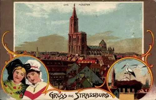 Litho Strasbourg Straßburg Elsass Bas Rhin, Münster, Storchnest, Frauen in Tracht