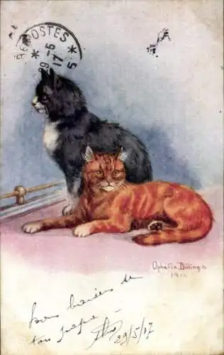 Künstler Ak Zwei Katzen, Gemaltes Tierportrait