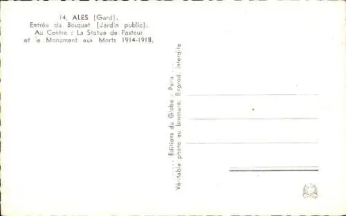 Ak Alès Alais Gard, Entree du Bosquet, Statue de Pasteur, Monument aux Morts 1914-191