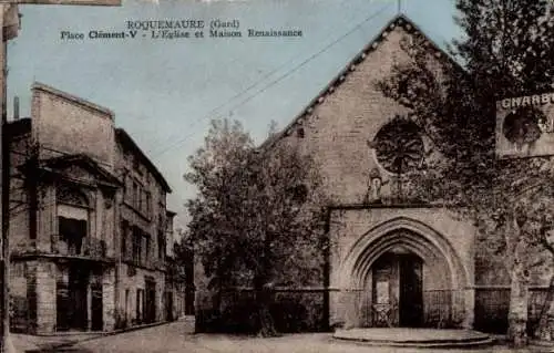 Ak Roquemaure Gard, Place Clement V, L'Eglise et Maison Renaissance