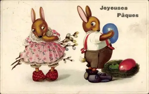Ak Frohe Ostern, Osterhasen, Eier, Weidenkätzchen