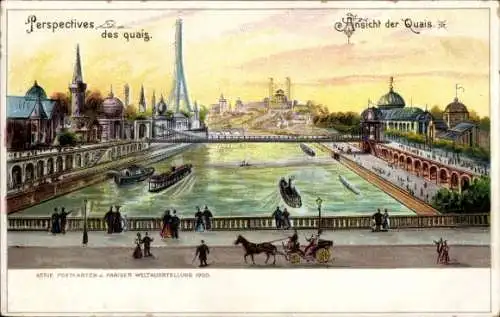 Litho Paris, Perpectives des quais, batiments, vapeur