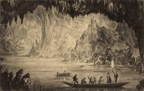 Ak Grotte de Han Han sur Lesse Wallonien Namur, Le Lac d'Embarquement