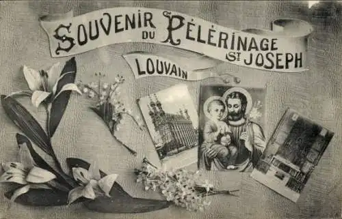 Ak Louvain Leuven Flämisch Brabant, Pelerinage St. Joseph, Kirche, Heiligenbildchen, Blumen