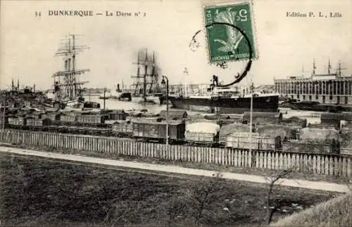 Ak Dunkerque Dünkirchen Nord, La Darse no 2, Segelschiffe, Güterzüge