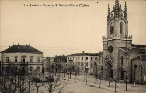 Ak Feurs Loire, Place de l'Hotel-de Ville, l'Eglise
