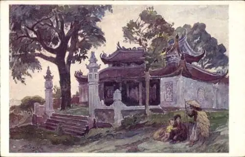 Künstler Ak Hanoi Tonkin Vietnam, Pagode in Phu Lang Thuong, Binh Phú Lang Thuong