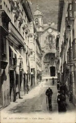 Ak Donostia San Sebastián Baskenland, Calle Mayor, Kirche Santa Maria