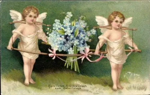 Präge Ak Glückwunsch Geburtstag, Zwei Engel, Trage, Vergissmeinnicht