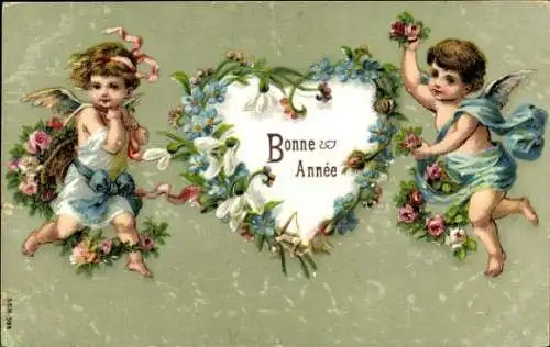 Ak Glückwunsch Neujahr, Engel, Blumen