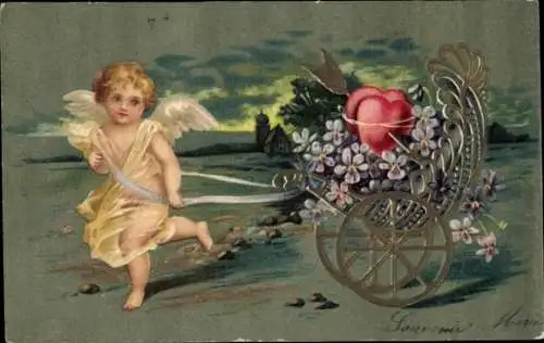 Präge Litho Engel, Blumen, Herz, Veilchen