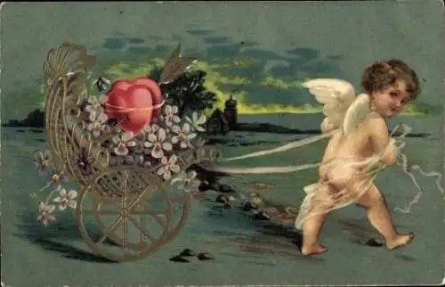 Litho Engel, Karre, Veilchen, Herz, Kitsch