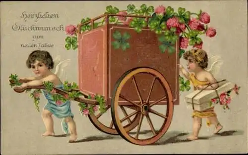 Präge Ak Glückwunsch Neujahr, Engel, Karre, Glücksklee