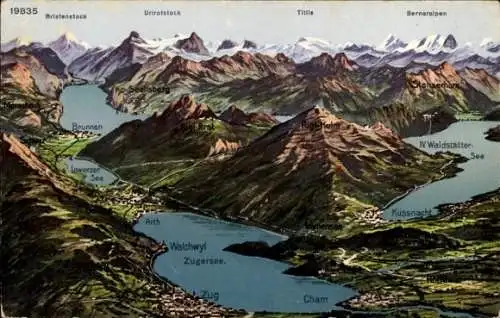 Landkarten Ak Kanton Uri, Brunnen, Zugersee, Küssnacht, Berneralpen, Cham
