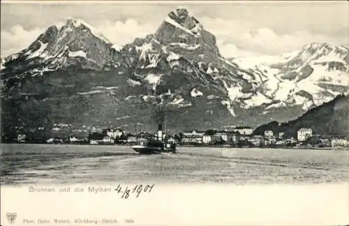 Ak Brunnen Kt. Schwyz Schweiz, Panorama vom Ort und Mythen