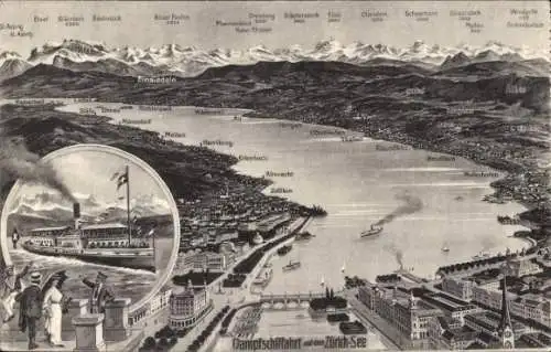 Ak Herrliberg am Zürichsee Kanton Zürich, Dampfschifffahrt auf dem See, Dampfschiff, Landkarte