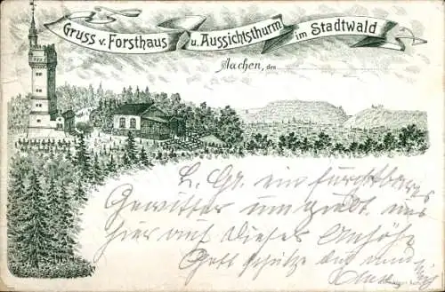 Litho Aachen, Forsthaus und Aussichtsturm im Stadtwald