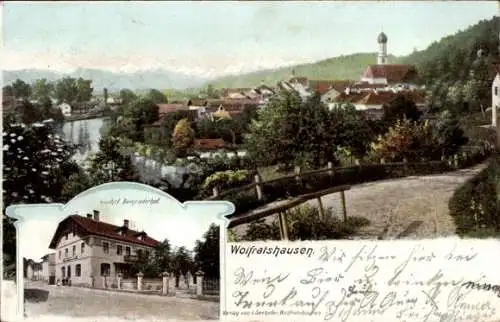 Ak Wolfratshausen im Kreis Bad Tölz Wolfratshausen, Gasthof Bernriederhof, Kirche, Fluss, Gebirge