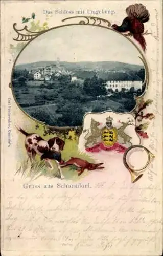 Präge Wappen Passepartout Ak Schorndorf in Württemberg, Schloss mit Umgebung, Jagd