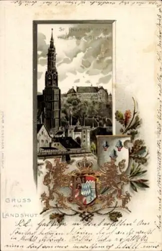 Präge Wappen Litho Landshut in Niederbayern, St. Martinskirche, Burg Trausnitz