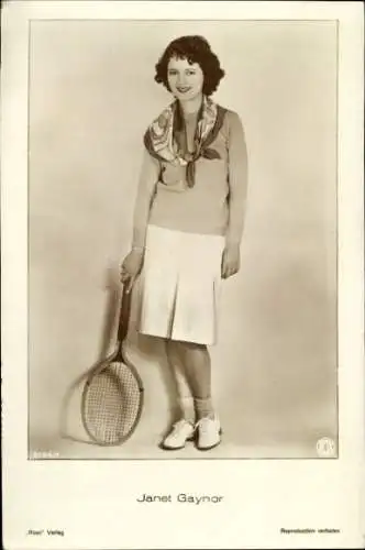 Ak Schauspielerin Janet Gaynor, Portrait, Tennisschläger