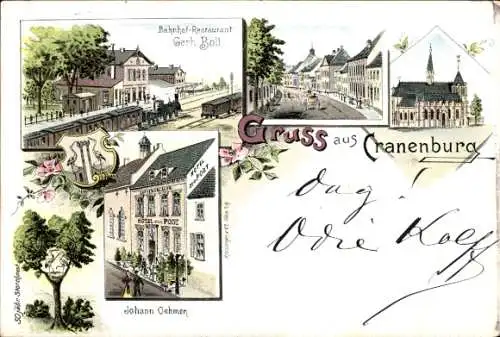 Litho Cranenburg Kranenburg am Niederrhein, Bahnhof-Restaurant Gerh. Boll, Hotel zur Post, Kirche