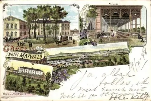 Litho Bad Cleve Kleve am Niederrhein, Hotel Maywald, Terrasse, Stadtansicht