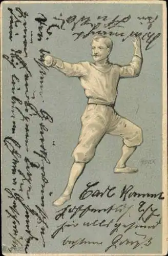 Künstler Ak Heyer, Fechter in Position