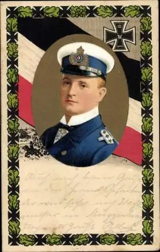 Passepartout Ak Otto Weddigen, Marineoffizier, Kapitänleutnant, Portrait, Flagge, Eisernes Kreuz