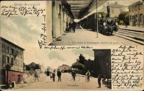 Ak Igney Avricourt Meurthe-et-Moselle, Bahnhof, Ankunft des Zuges aus Deutschland, Grenze