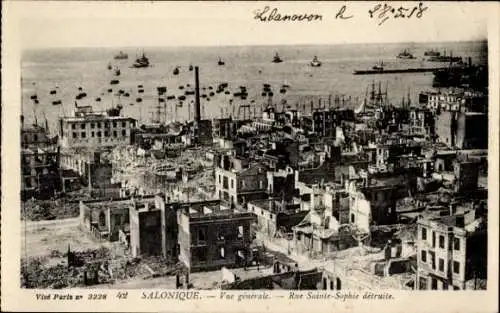 Ak Thessaloniki Griechenland, Vue generale, Rue Sainte Sophie detruite, Ruinen nach dem Brand 1917