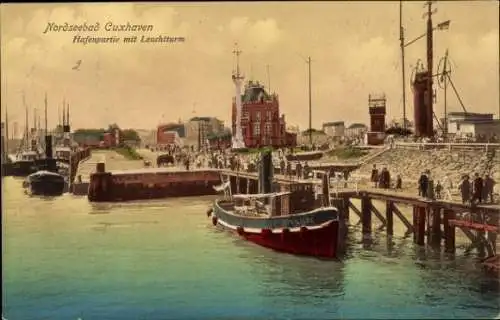 Ak Nordseebad Cuxhaven, Hafen mit Leuchtturm