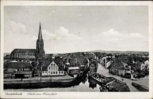 Ak Buxtehude in Niedersachsen, Blick vom Marschtor über die Dächer, Kirche