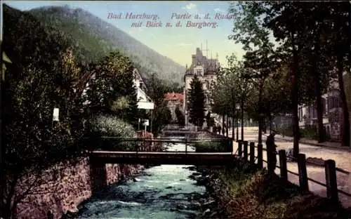 Ak Bad Harzburg am Harz, Teilansicht, Fluss Radau, Brücke, Burgberg