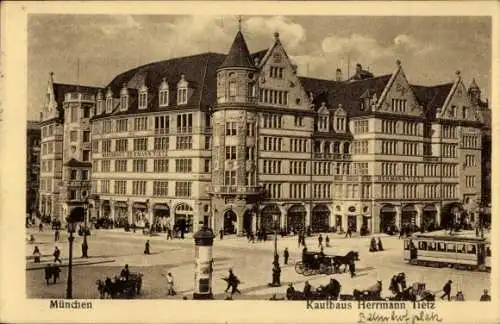 Ak München, Kaufhaus Hermann Tietz, Straßenbahn, Kutsche, Litfaßsäule