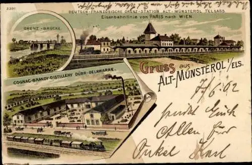 Litho Montreux Vieux Altmünsterol Elsass Haut Rhin, Grenzbrücke, Eisenbahnlinien, Gognac