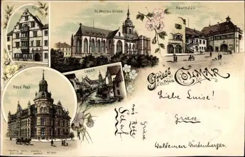 Litho Colmar Kolmar Elsass Haut Rhin, Post, Kaufhaus, Kopfhaus, Lauch, St. Martins-Kirche