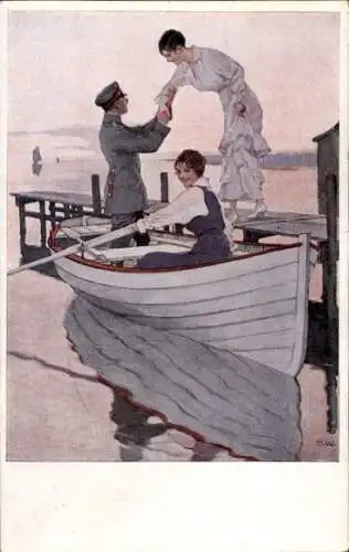 Künstler Ak Wennerberg, Bruno, Heimaturlaub, Soldat, Frauen, Ruderboot
