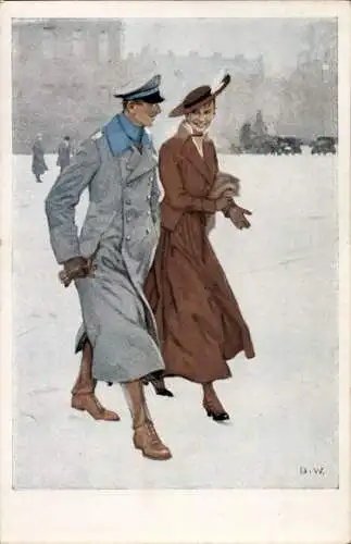 Künstler Ak Wennerberg, B., Renommierbummel, Soldat mit Dame beim Winterspaziergang